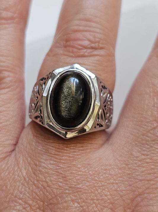 Gold Black Obsidian Ring / Adjustable