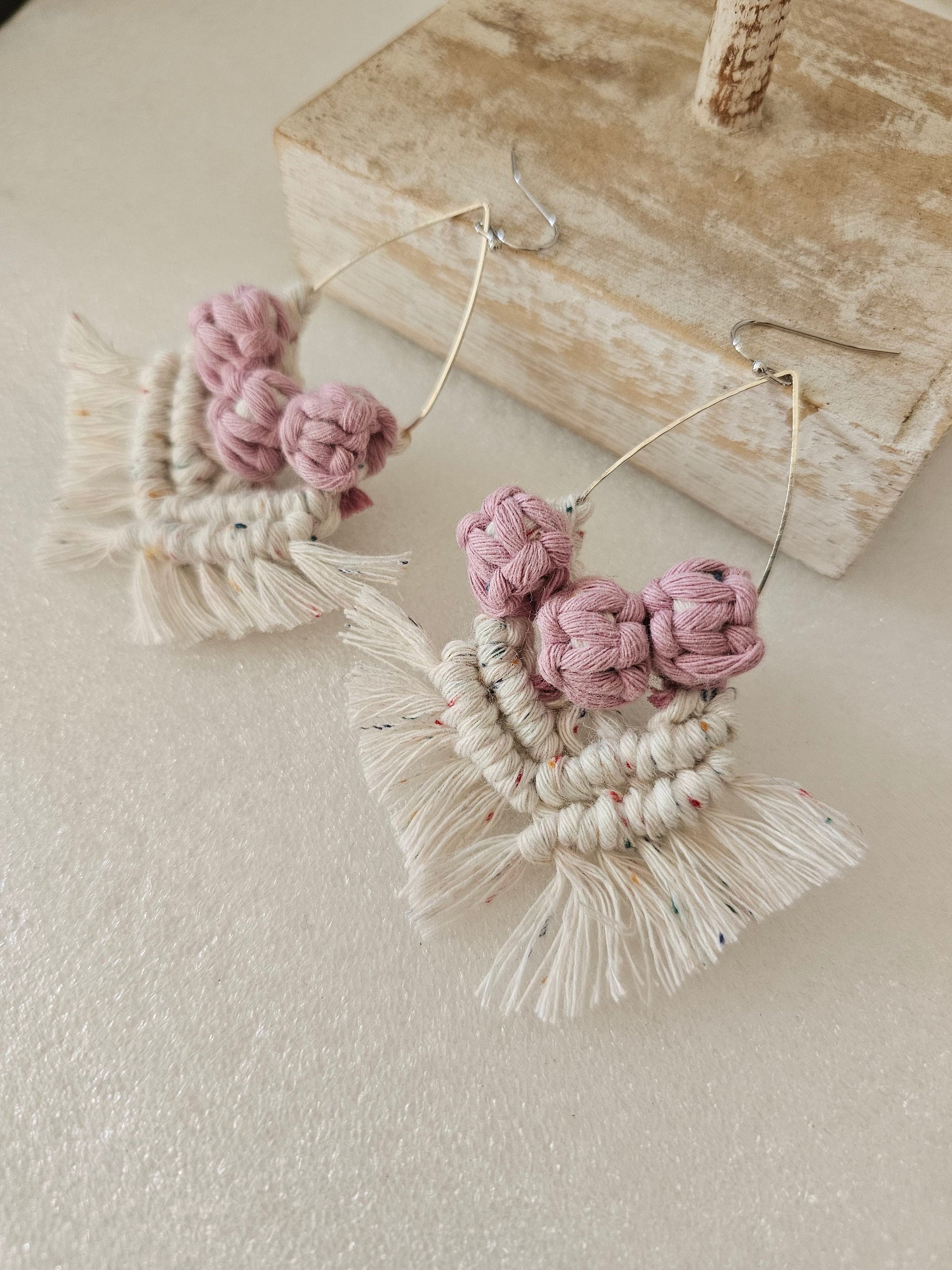 Pink poms Macrame Silver plated Earrings