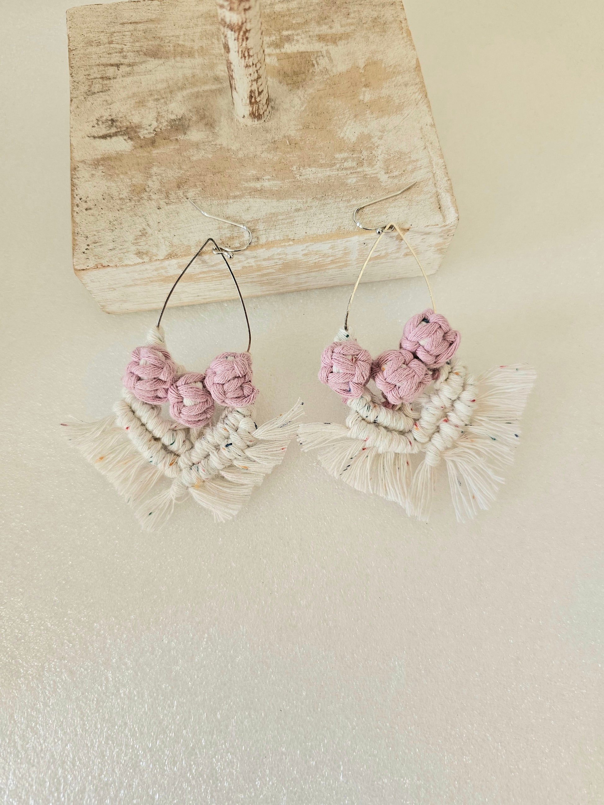 Pink poms Macrame Silver plated Earrings