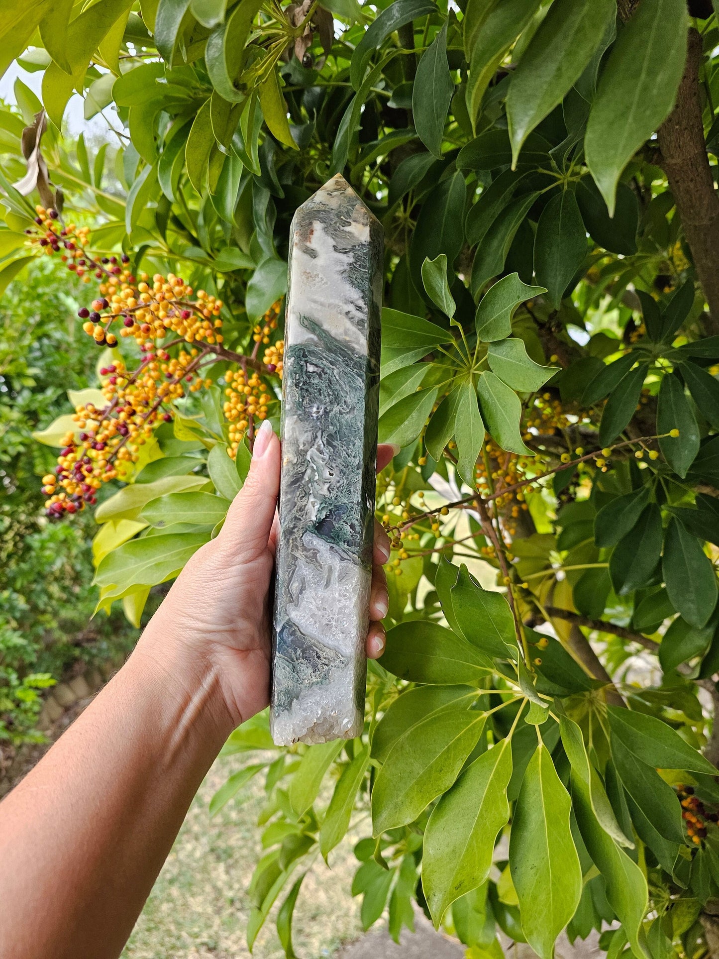 Large Moss agate tower