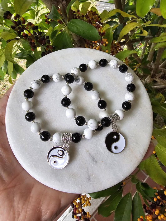 Yin Yang beaded bracelets - Howlite / obsidian