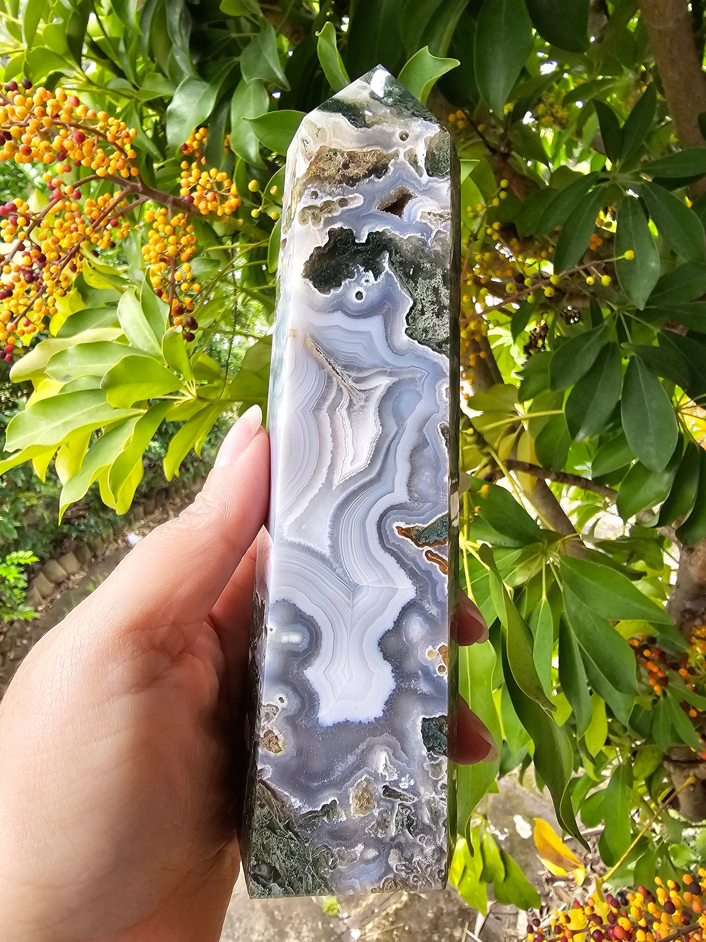 Rare Large Moss Agate Druzy Tower / Generator