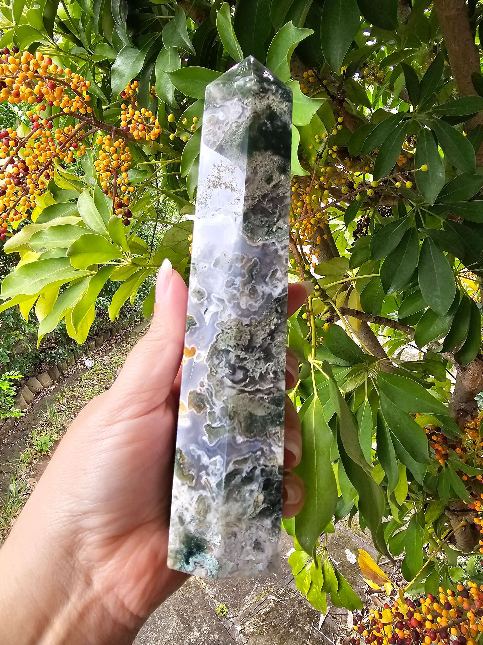 Rare Large Moss Agate Druzy Tower / Generator