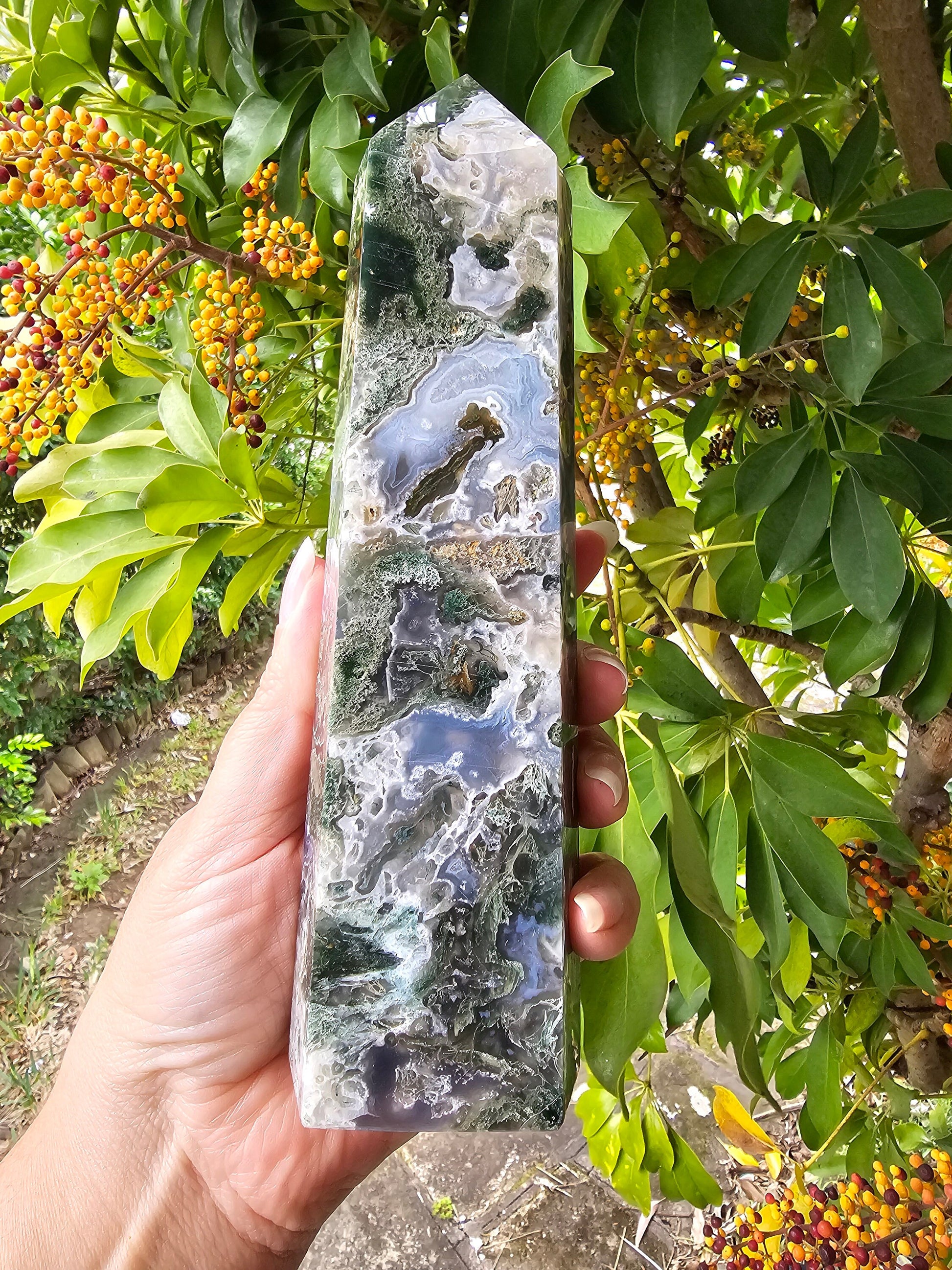 Rare Large Moss Agate Druzy Tower / Generator