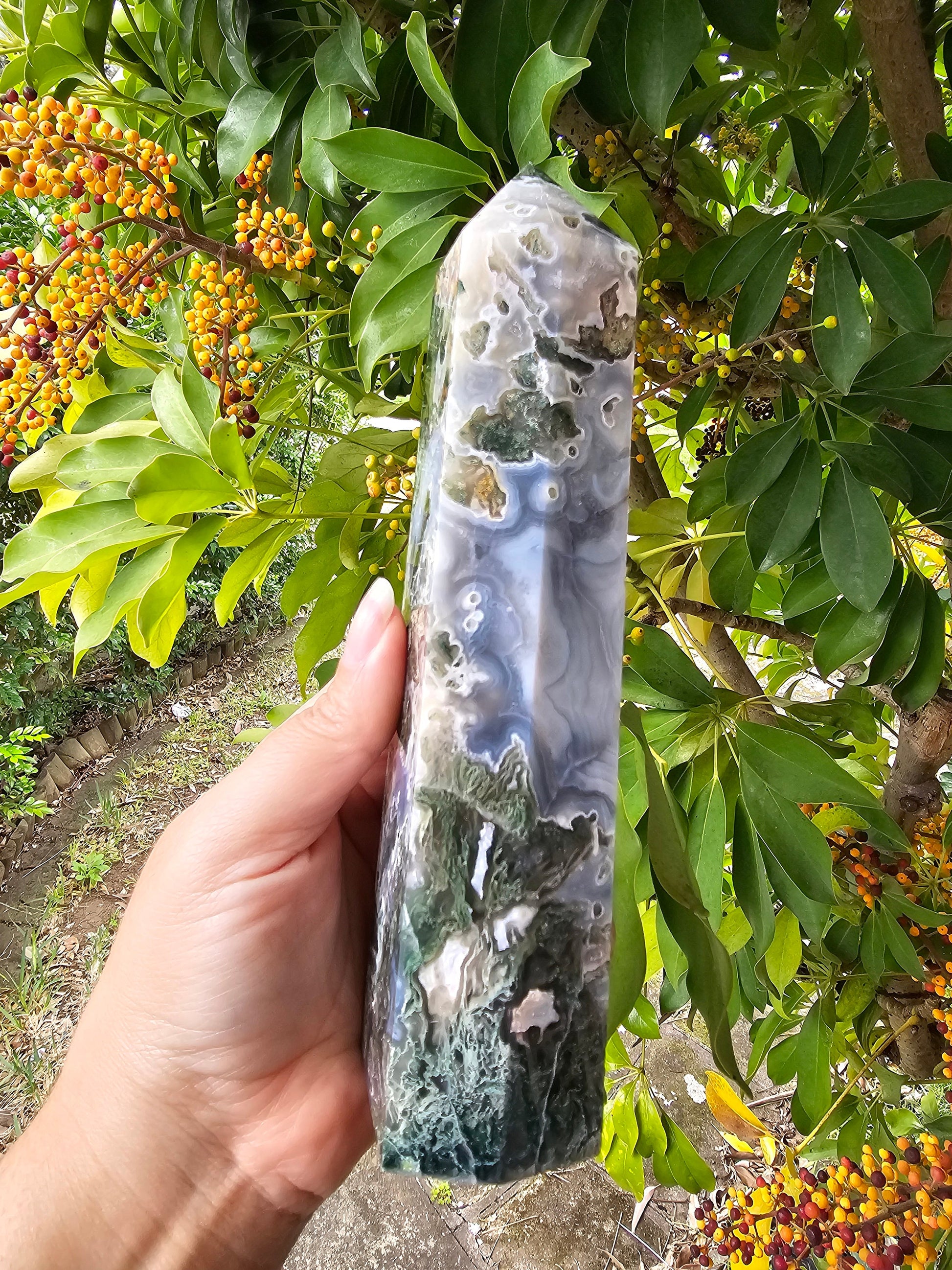 Rare Large Moss Agate Druzy Tower / Generator