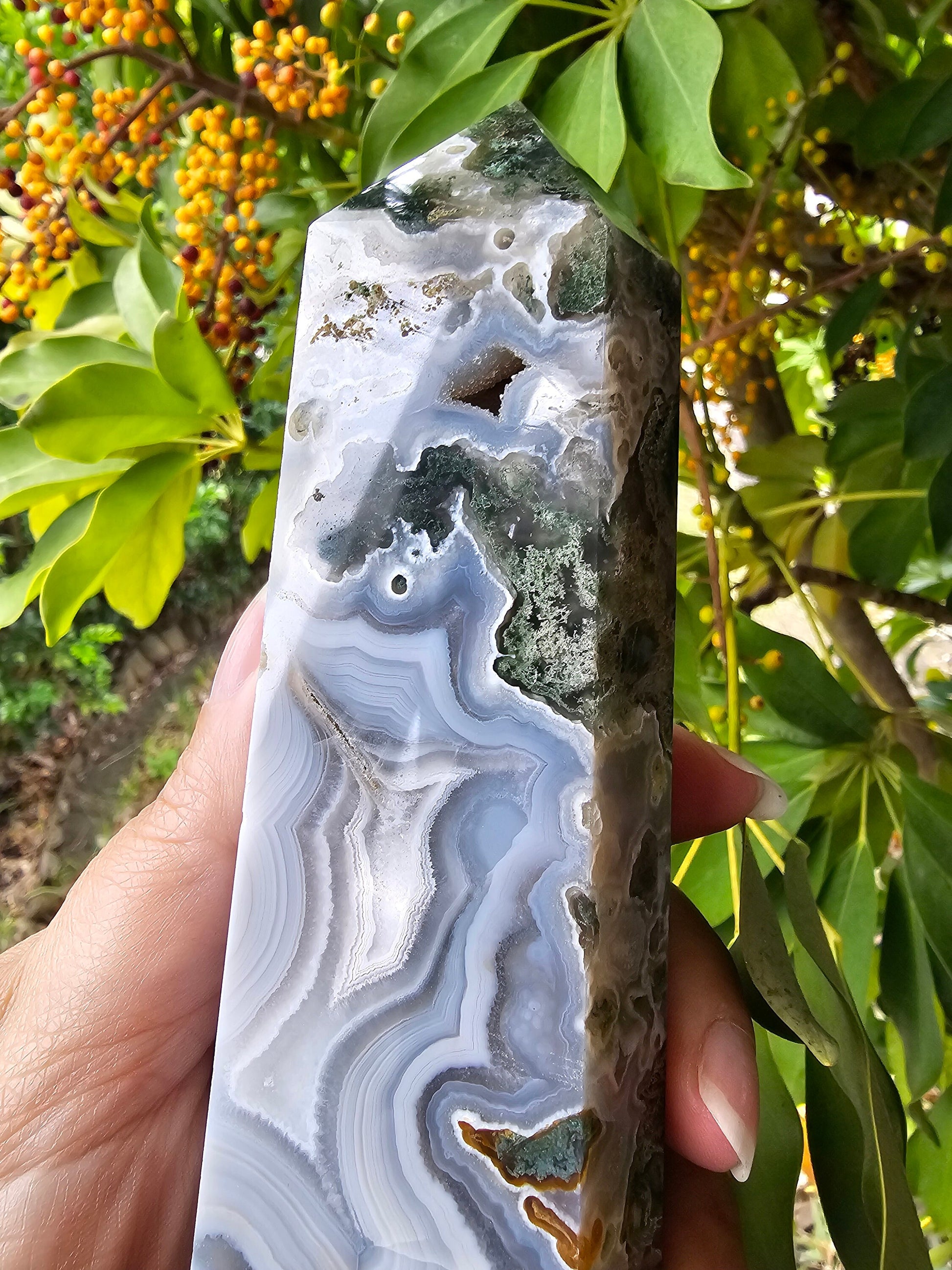 Rare Large Moss Agate Druzy Tower / Generator