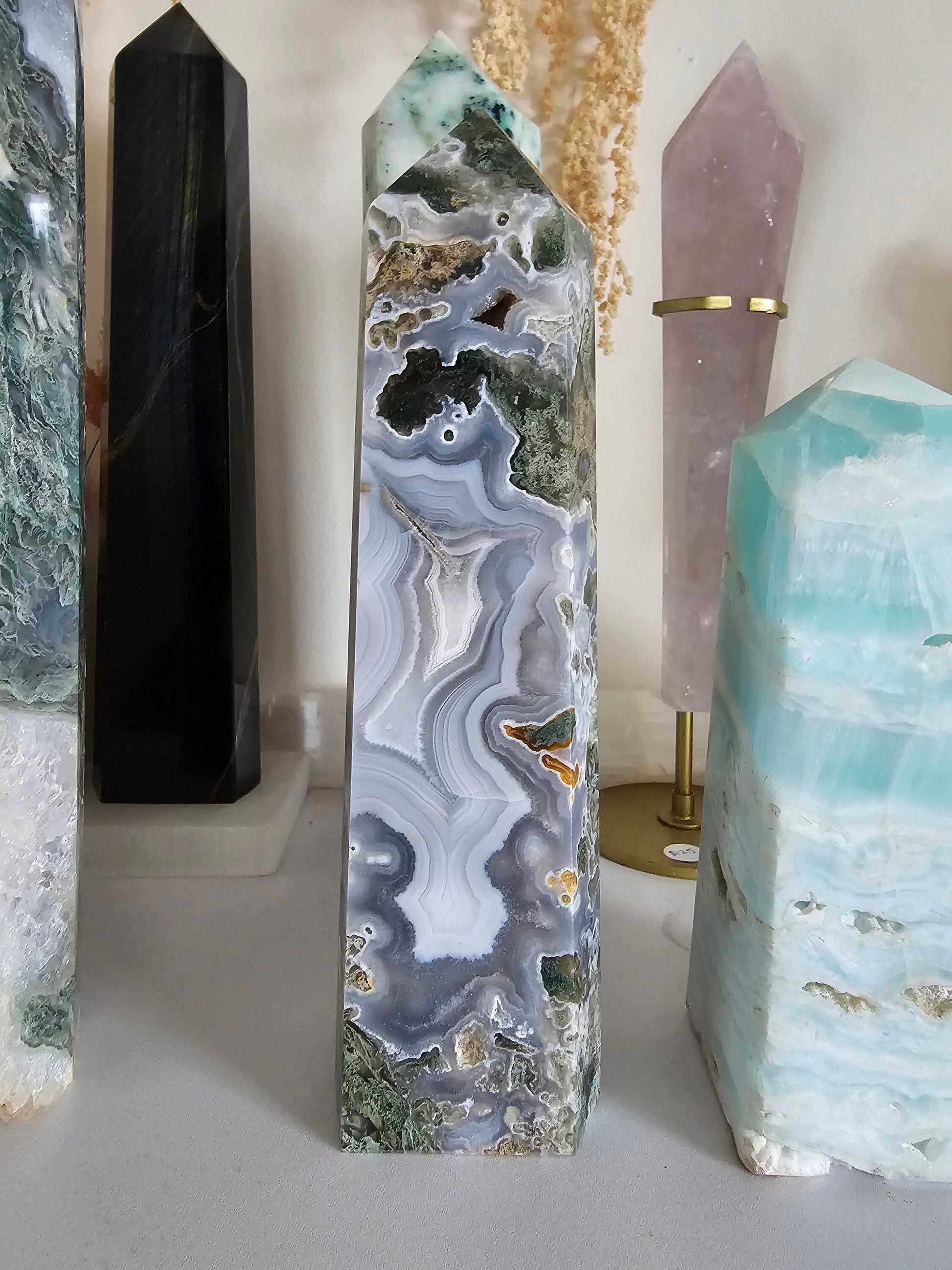 Rare Large Moss Agate Druzy Tower / Generator