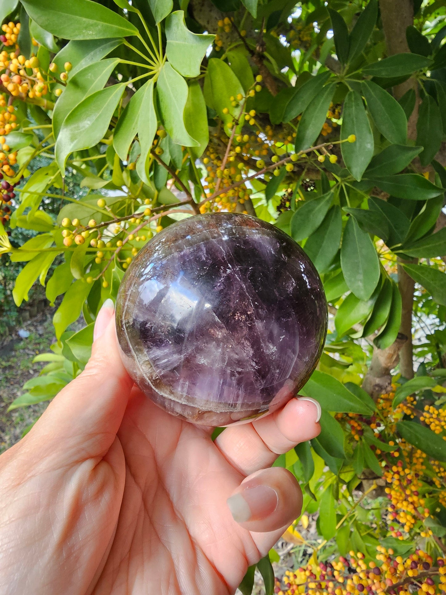 High Quality Super Seven Sphere 7cm/ Super 7 / Melody / Sacred / Amethyst, Cacoxenite, Goethite, Lepidocrocite, Rutile, Smoky Quartz, Quartz