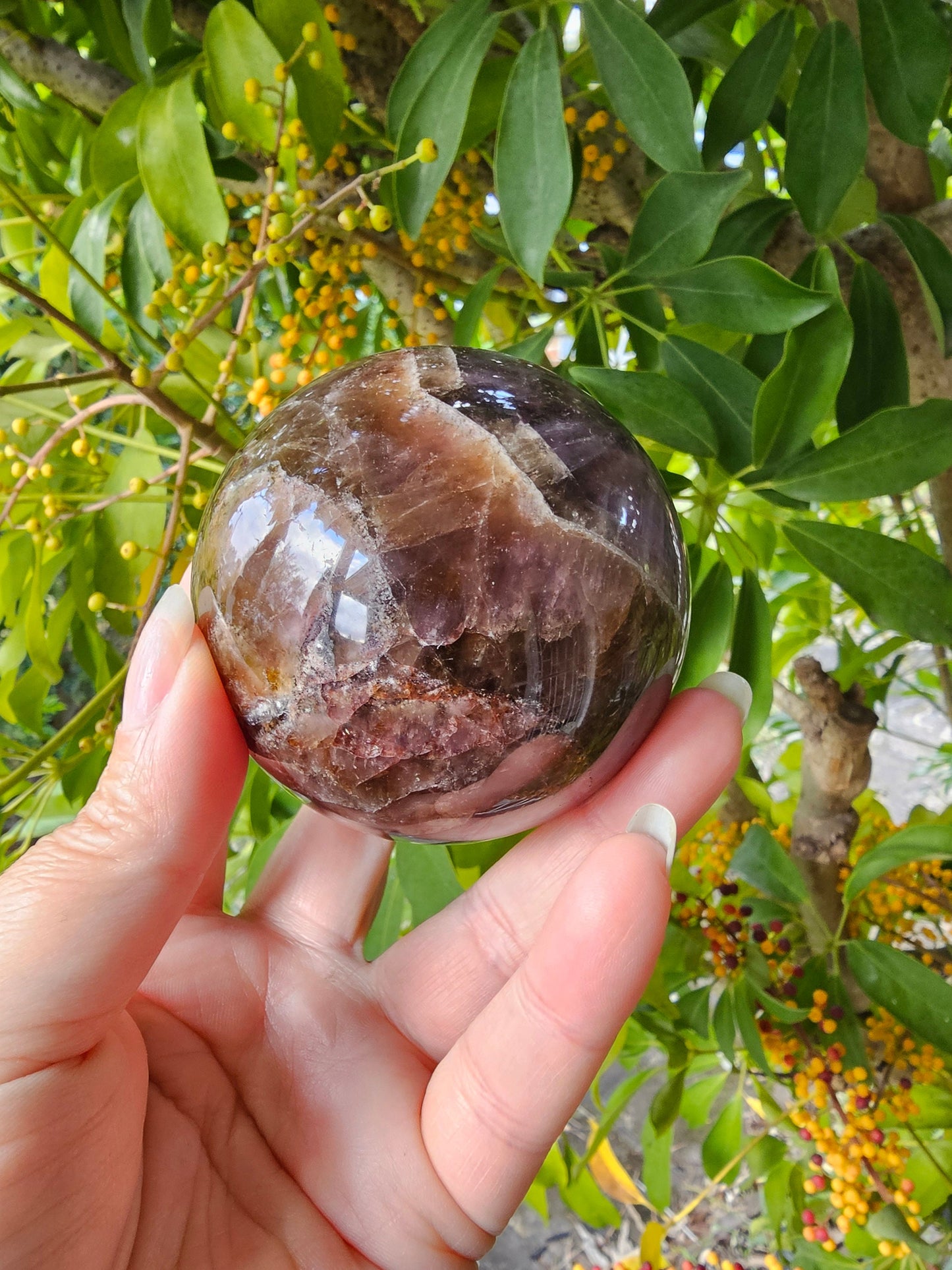 High Quality Super Seven Sphere 7cm/ Super 7 / Melody / Sacred / Amethyst, Cacoxenite, Goethite, Lepidocrocite, Rutile, Smoky Quartz, Quartz