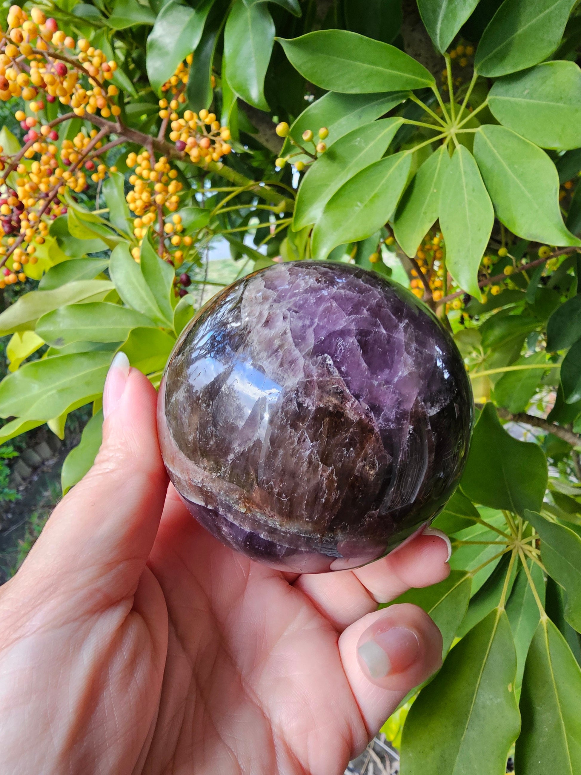 High Quality Super Seven Sphere 7cm/ Super 7 / Melody / Sacred / Amethyst, Cacoxenite, Goethite, Lepidocrocite, Rutile, Smoky Quartz, Quartz