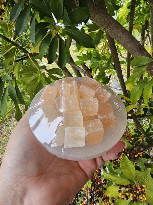 Selenite bowl with peach selenite