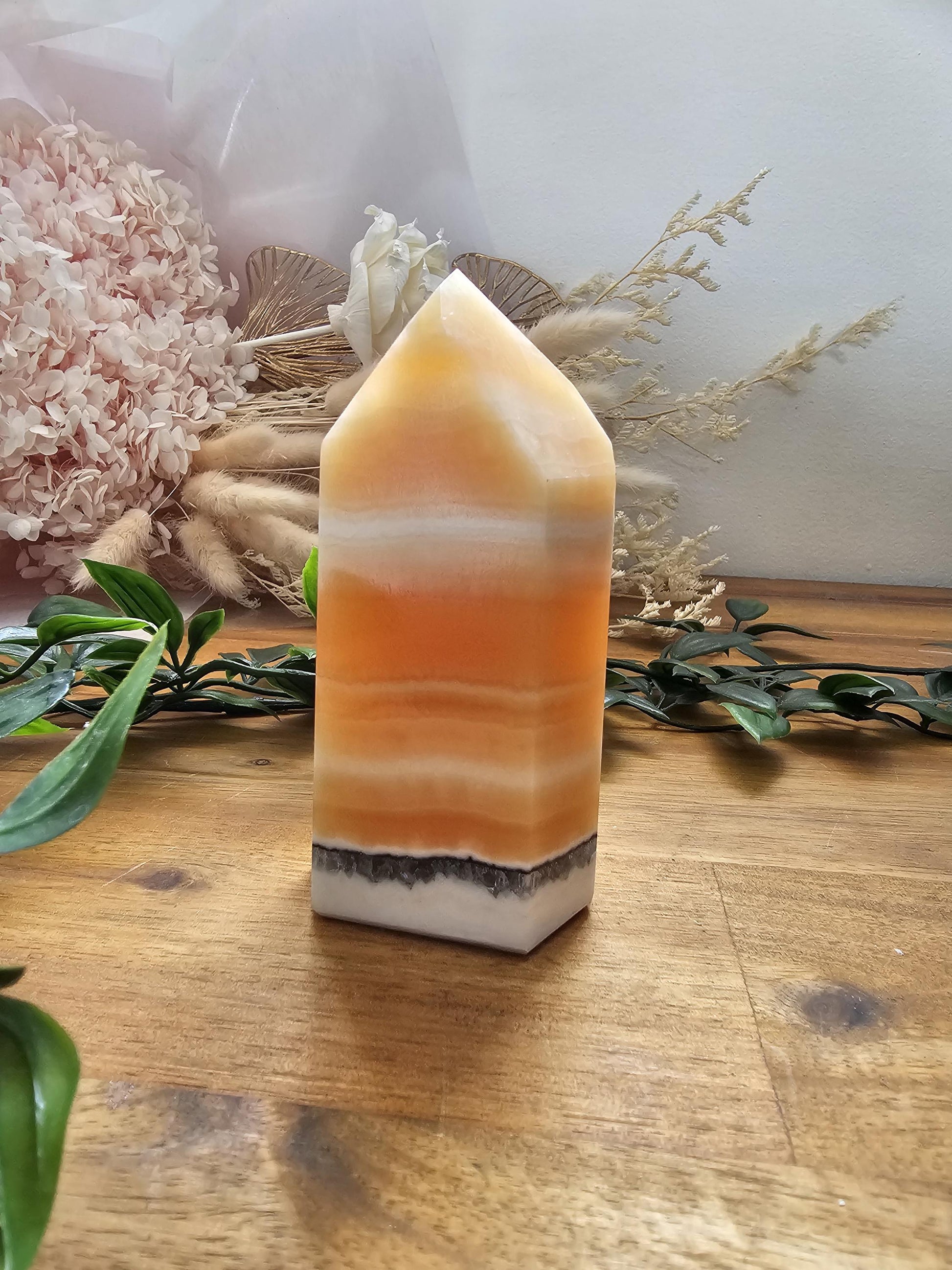 Orange Calcite With Black & White Chalcedony Towers / Brazilian Crystal