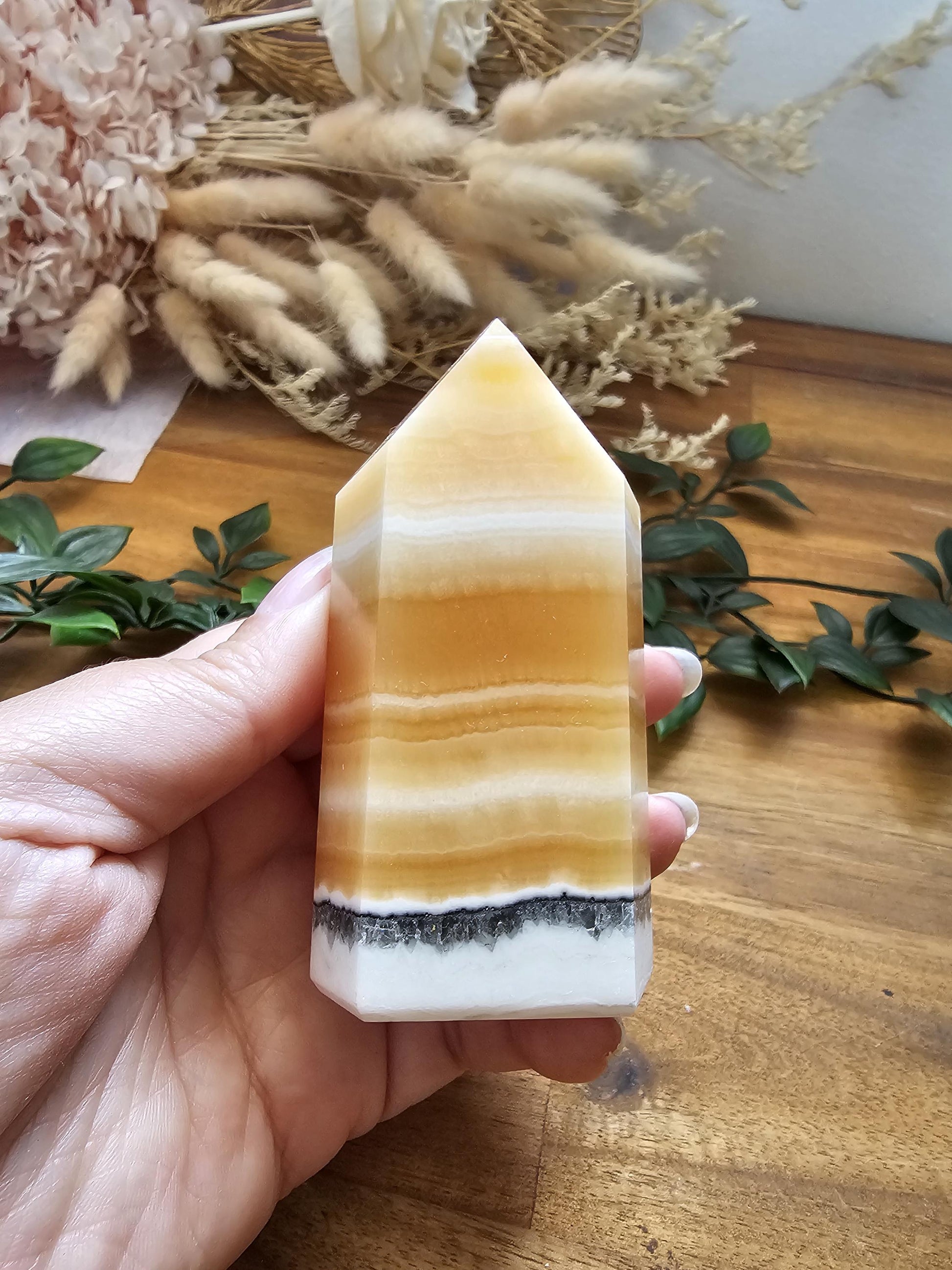 Orange Calcite With Black & White Chalcedony Towers / Brazilian Crystal