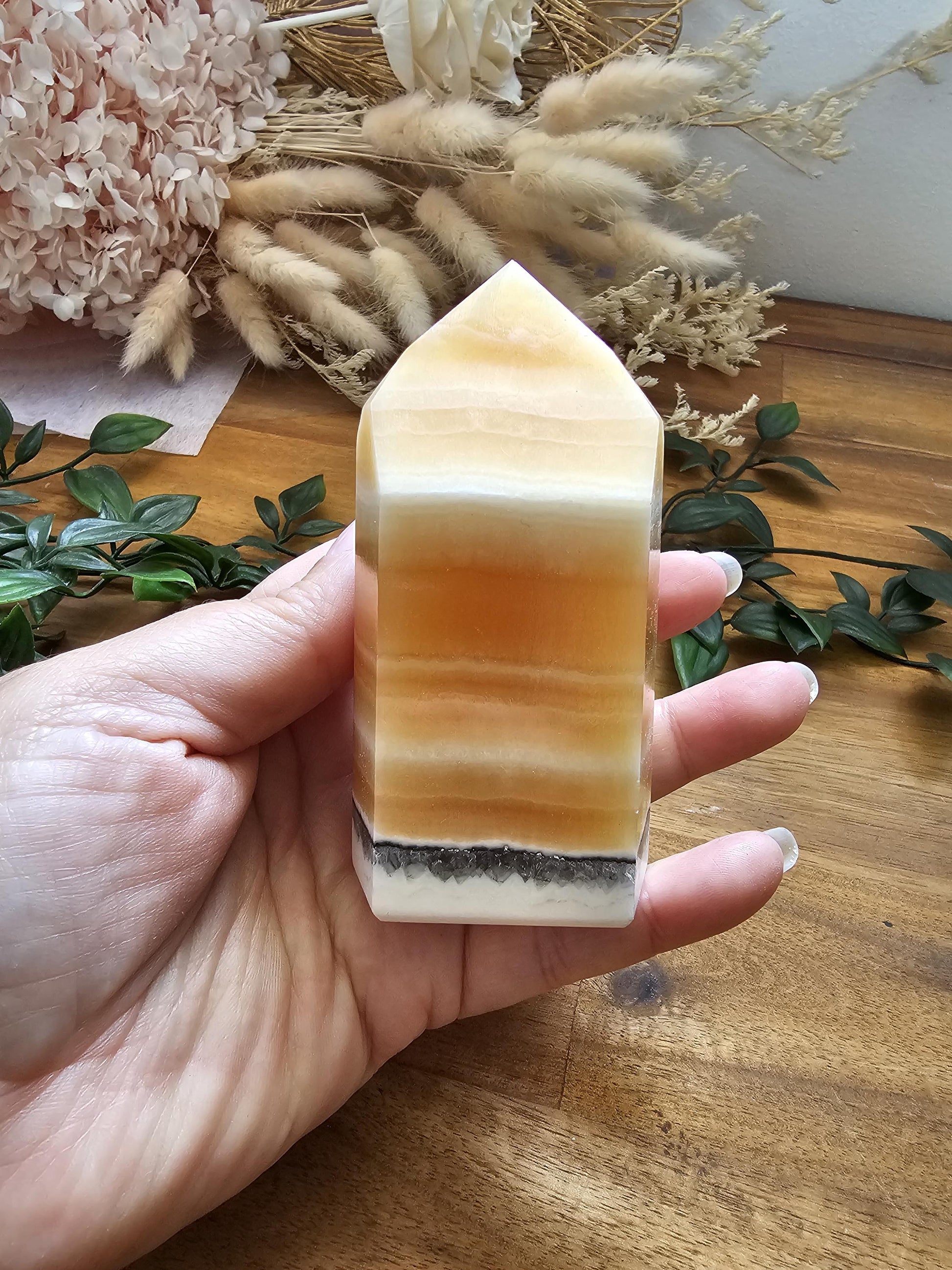 Orange Calcite With Black & White Chalcedony Towers / Brazilian Crystal