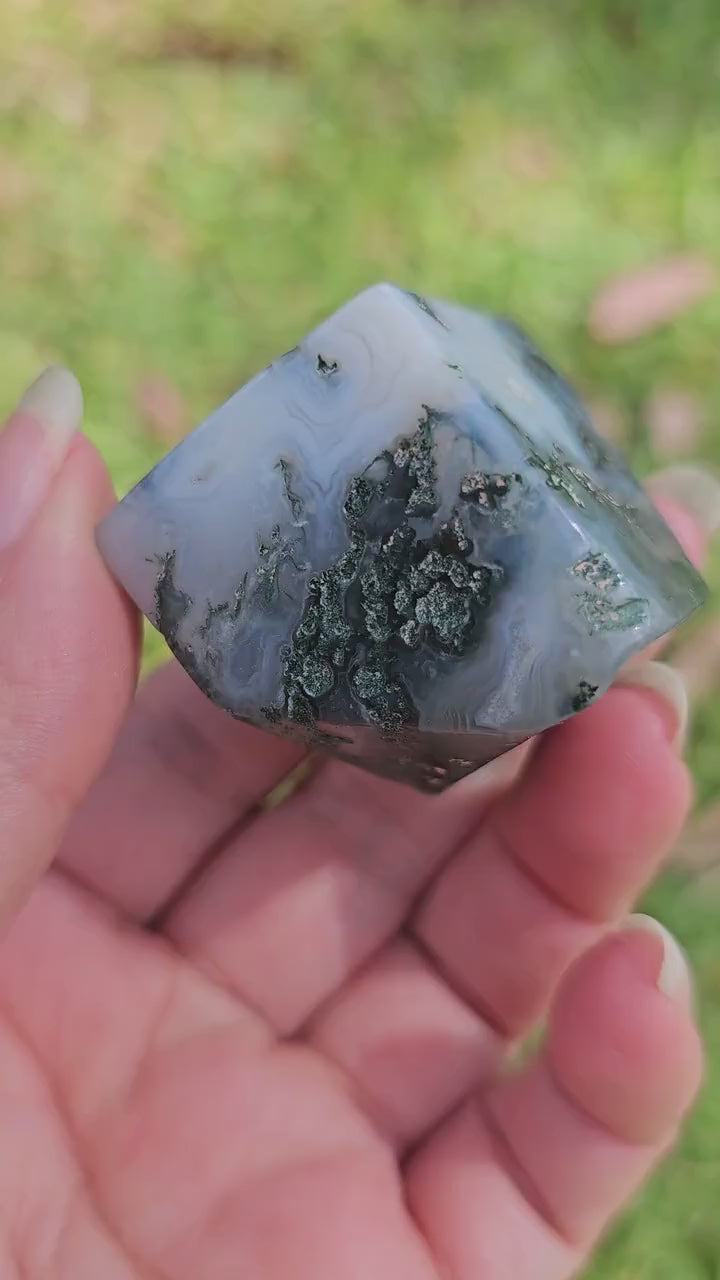 Moss Agate Cube with druzy cave