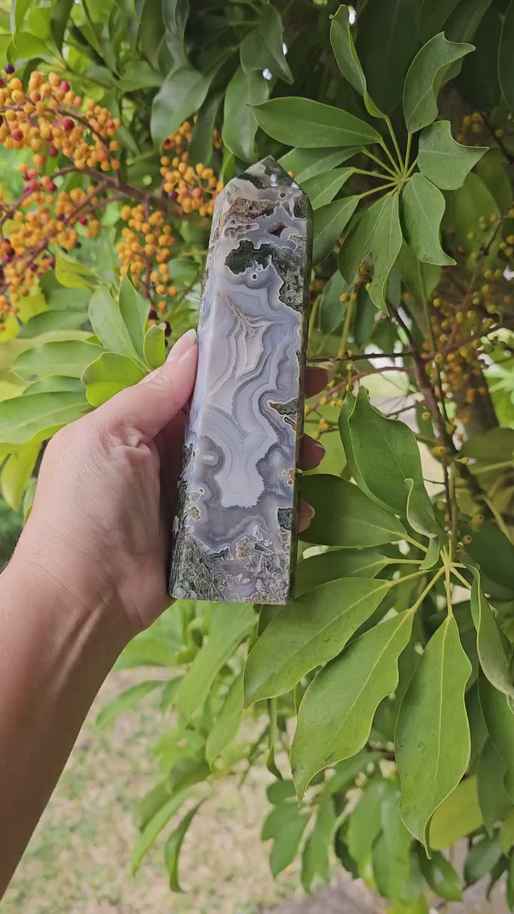 Rare Large Moss Agate Druzy Tower / Generator