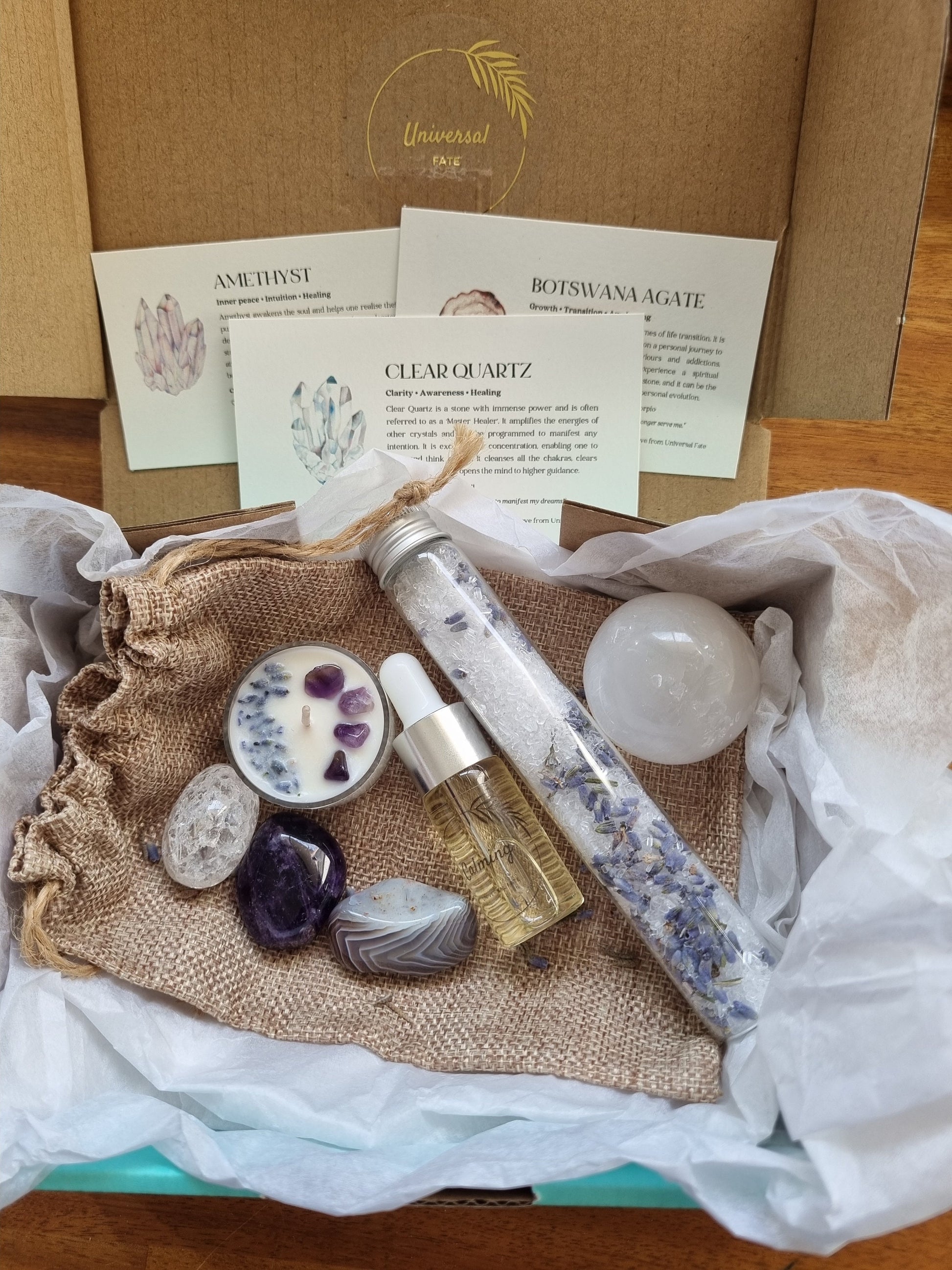 Calming Pack - Crystals / Essential oil / Crystal Candle / Bath Salt / Gift Box - Universal Fate