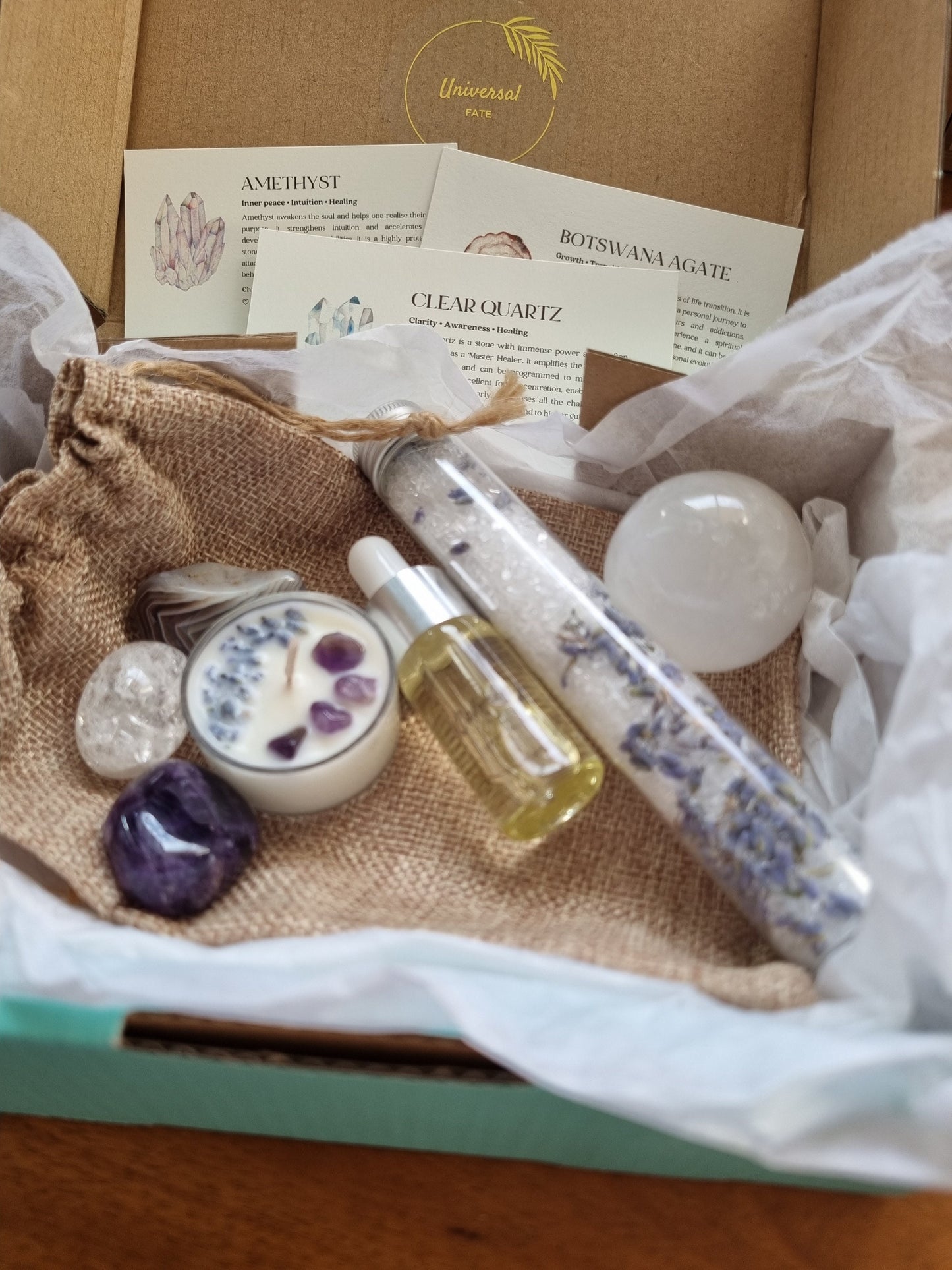 Calming Pack - Crystals / Essential oil / Crystal Candle / Bath Salt / Gift Box - Universal Fate