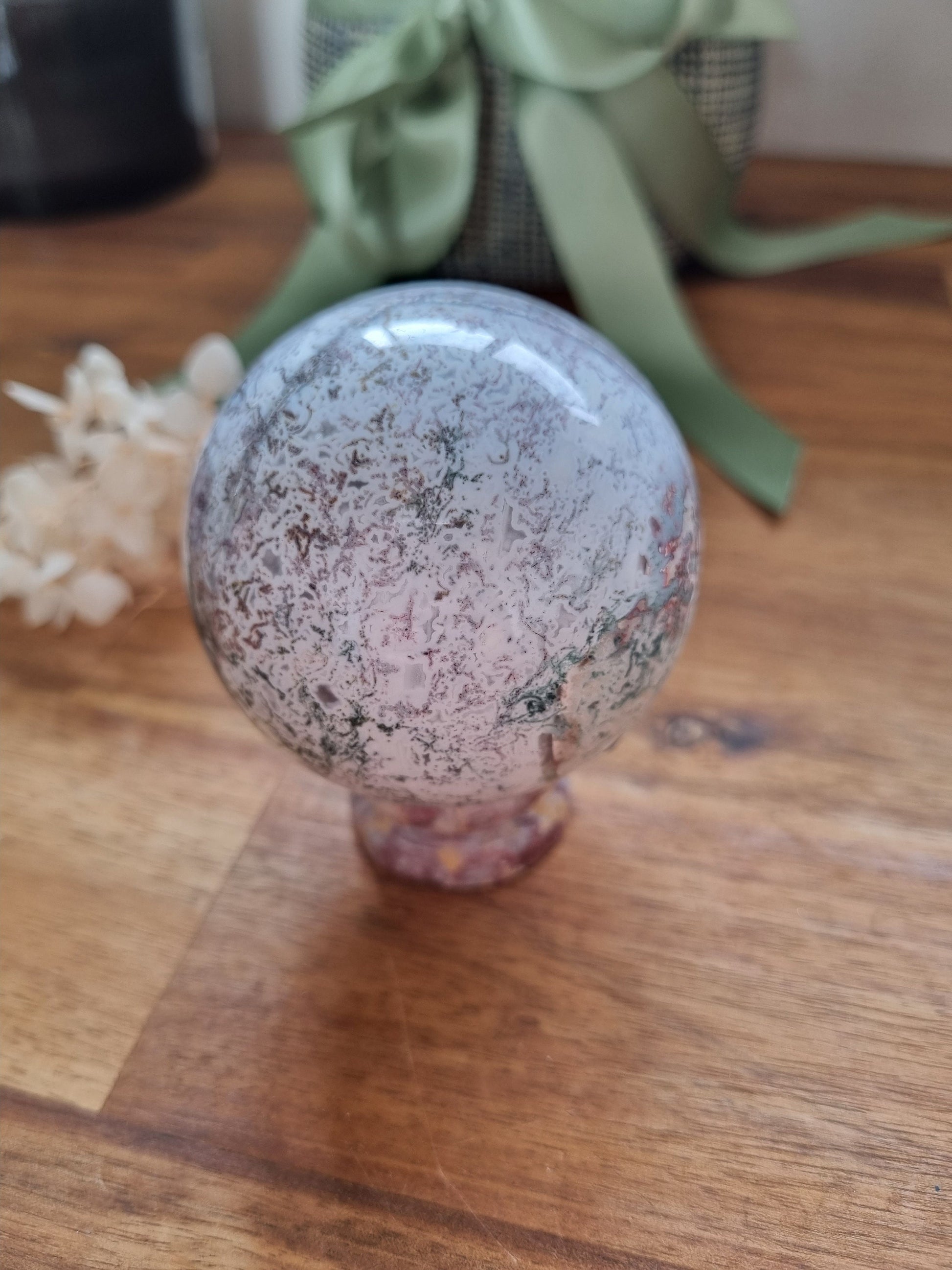 Pink Moss Agate Sphere - Universal Fate