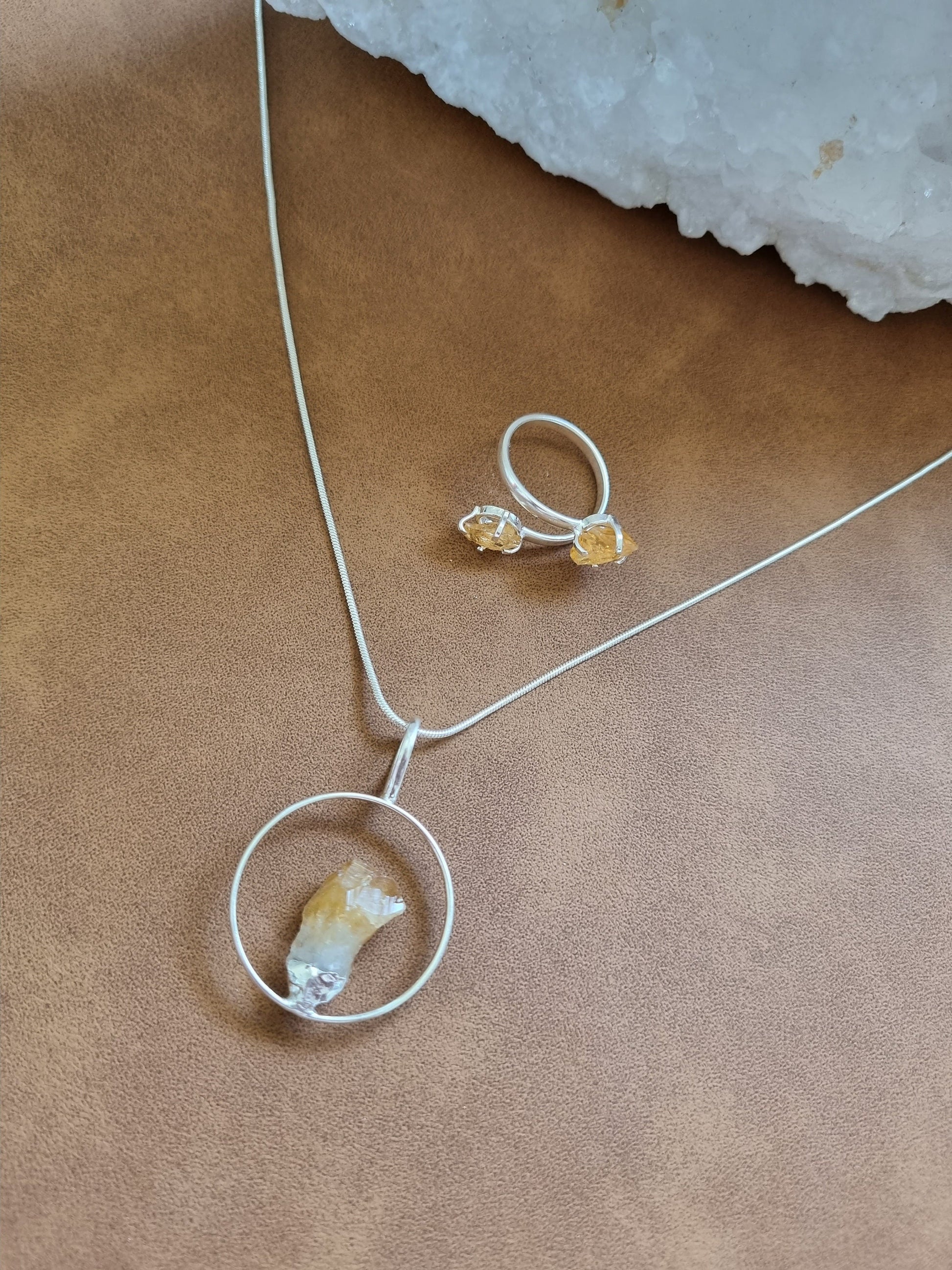 Raw Silver Citrine Necklace & Ring Set - Universal Fate