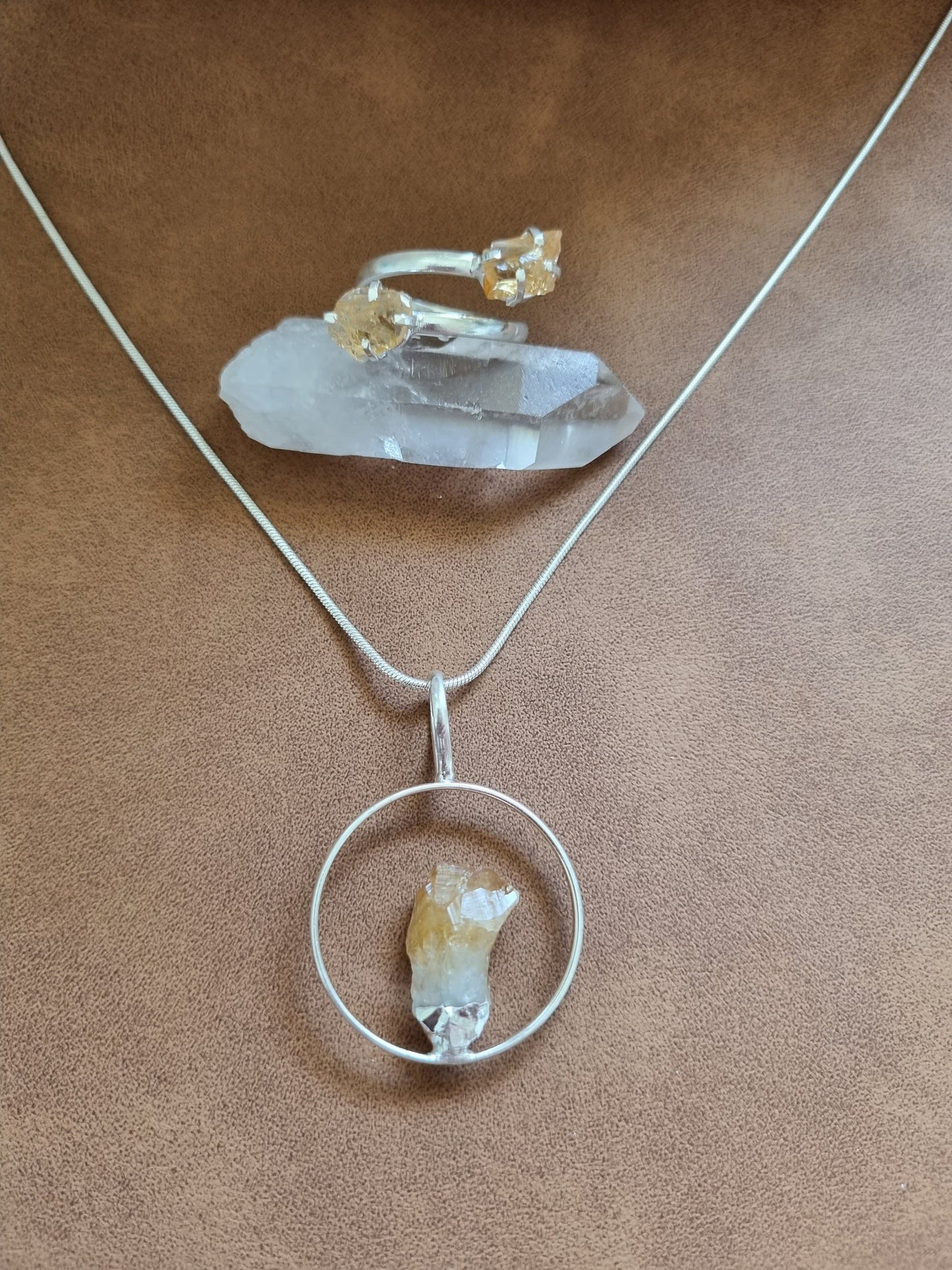 Raw Silver Citrine Necklace & Ring Set - Universal Fate