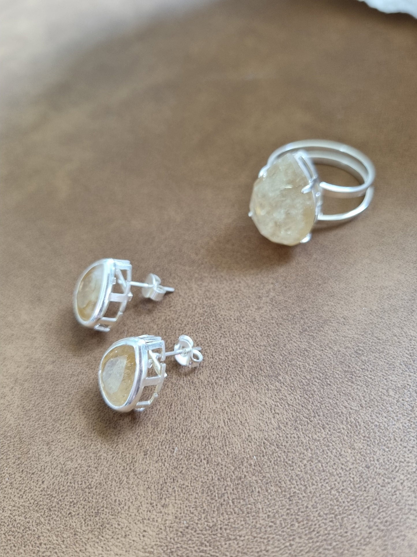 Faceted Silver Teardrop Citrine Earring & Ring Set - Universal Fate