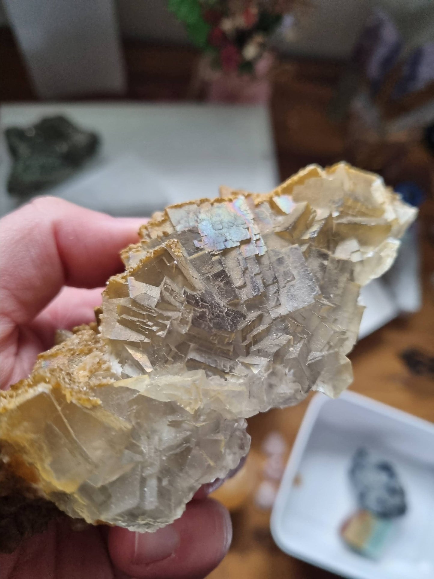 Unique Fluorite cluster with calcite /iredescence / dog tooth calcite /  specimen