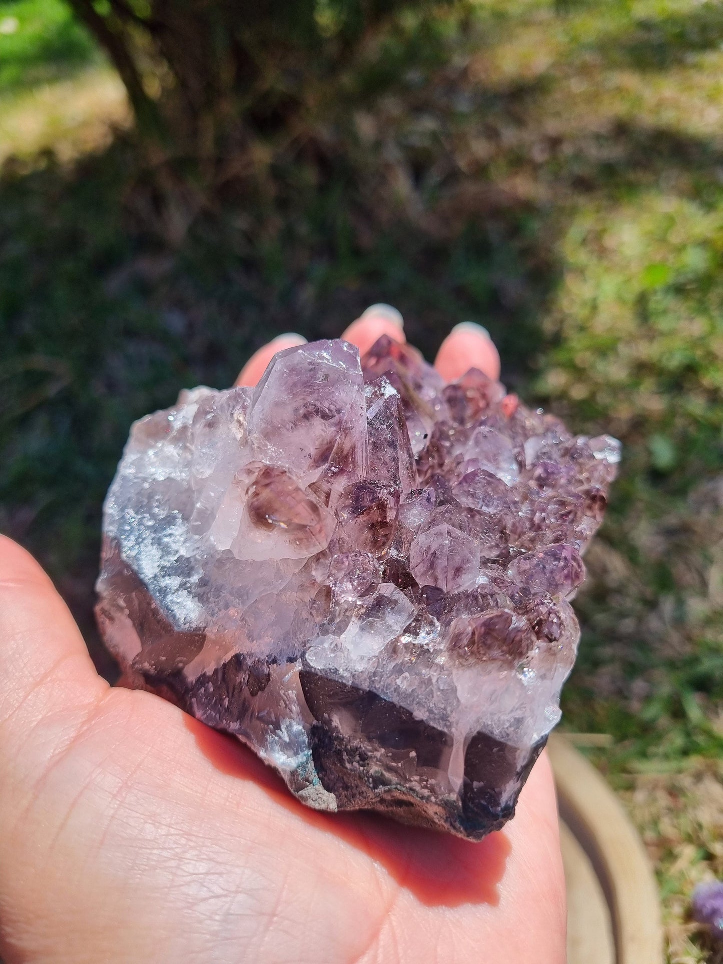 Unique Amethyst Cluster with cacoxenite / Super 3 / Smoky quartz inclusions
