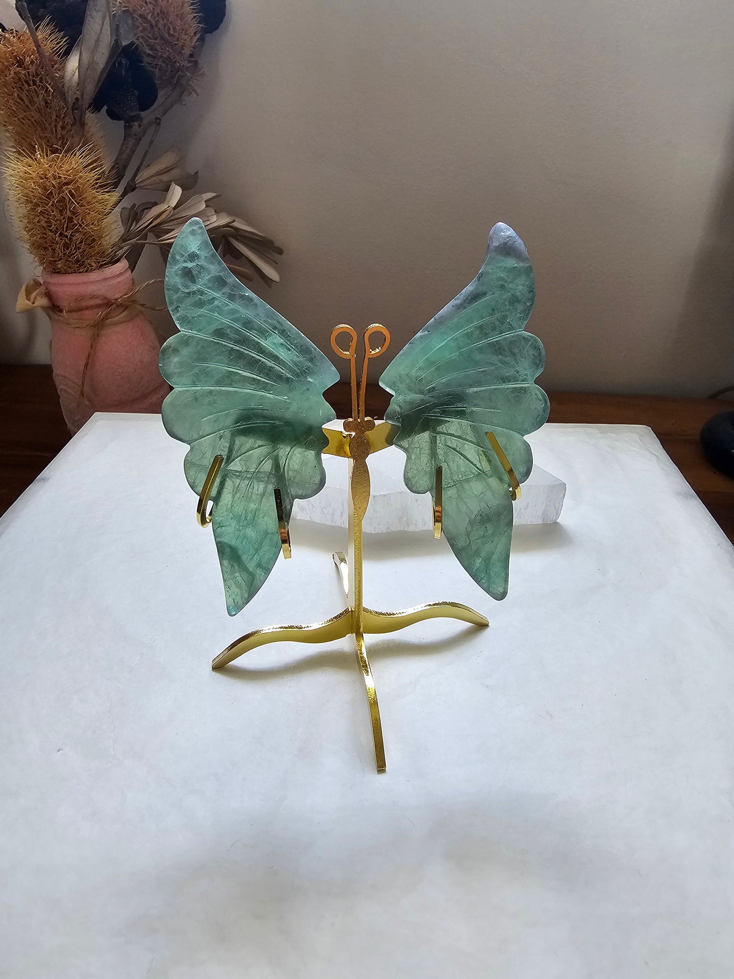 Green Fluorite butterfly wings with gold stand
