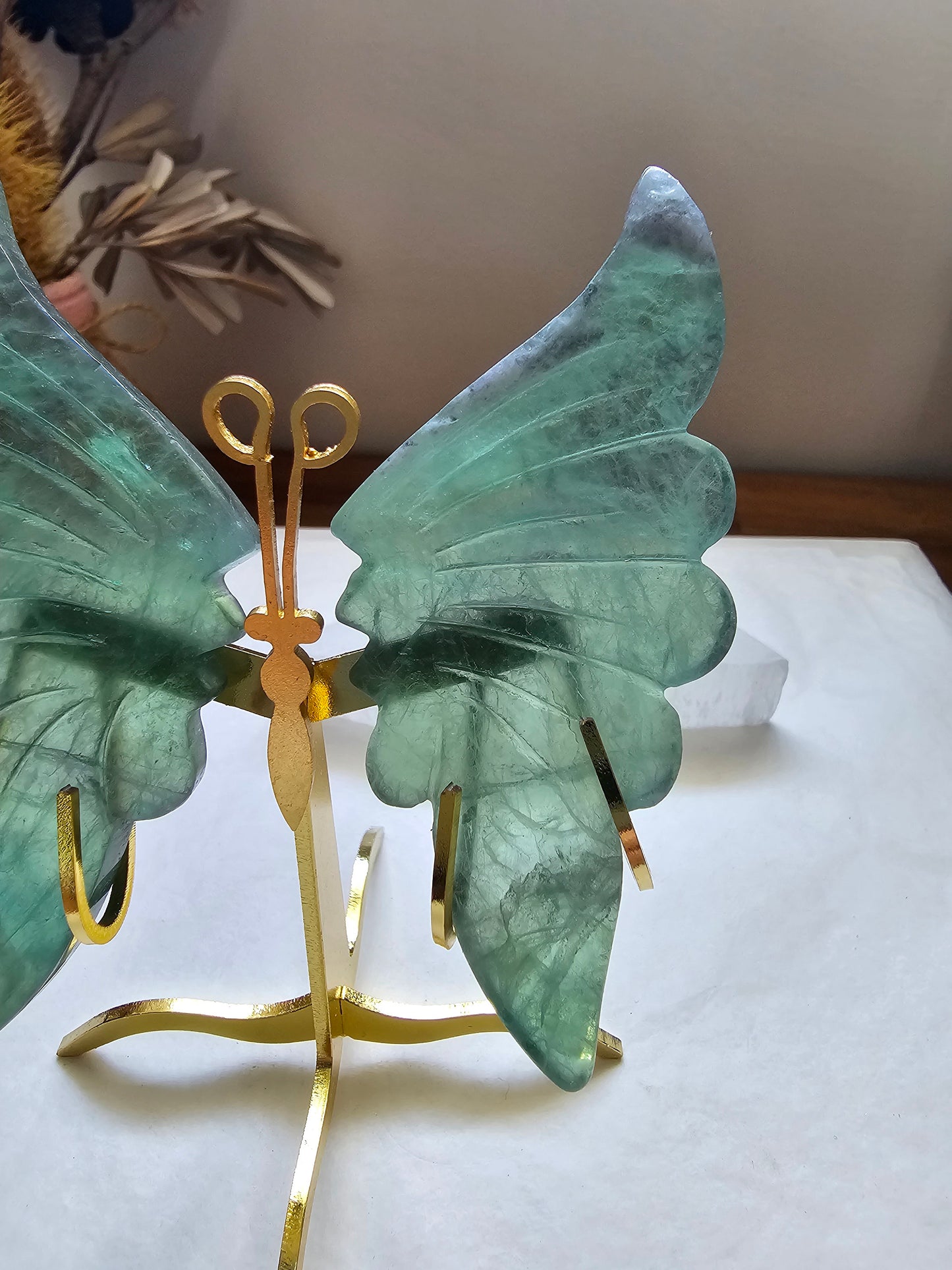 Green Fluorite butterfly wings with gold stand
