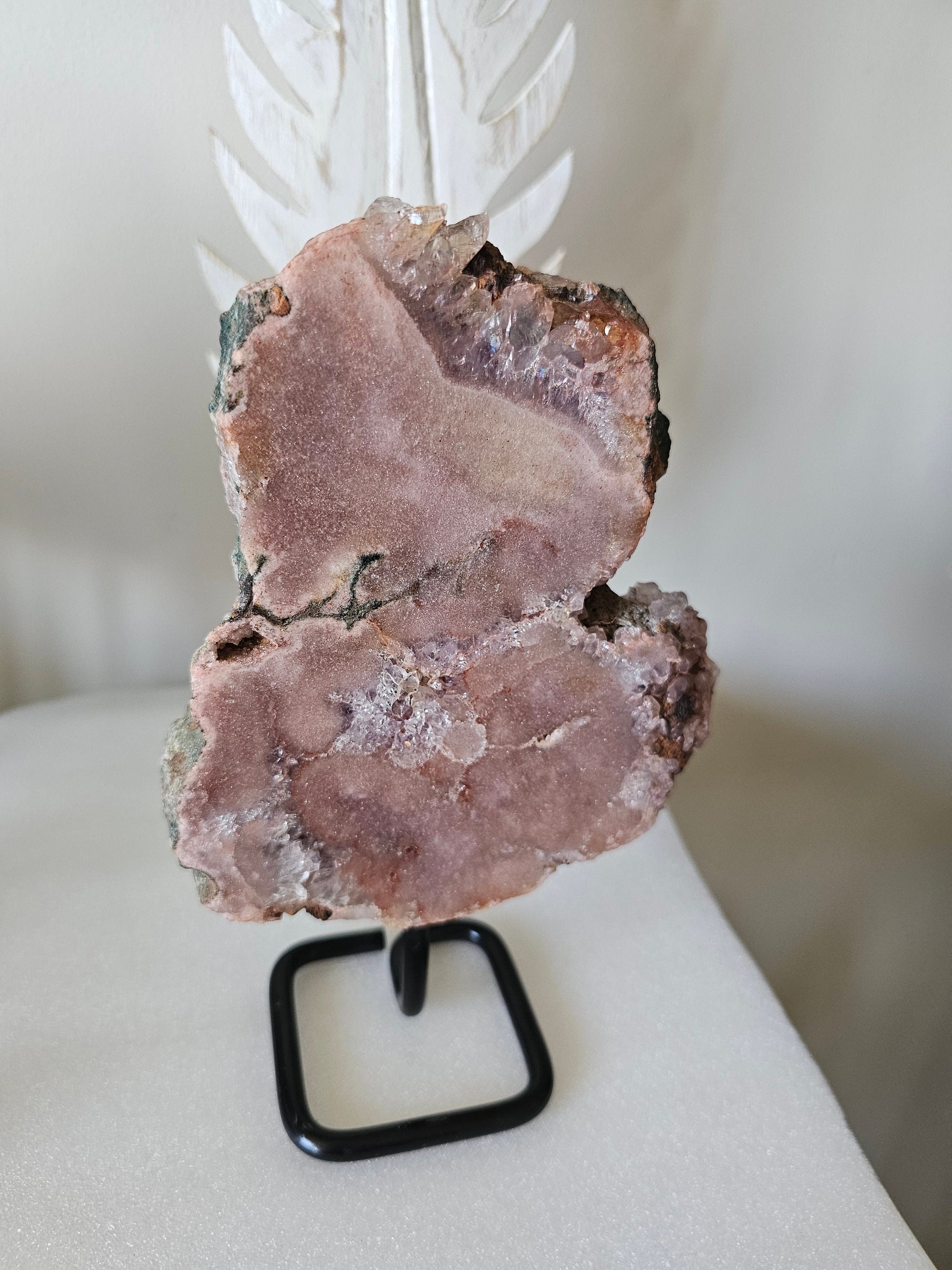 Pink Amethyst Freeform Encrusted With Clear Quartz on Stand