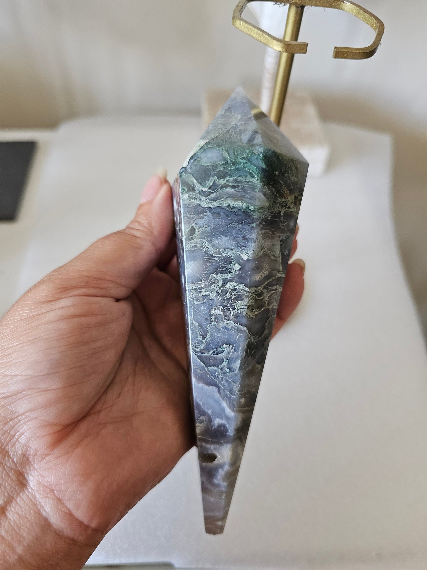 Druzy Moss Agate wand on stand
